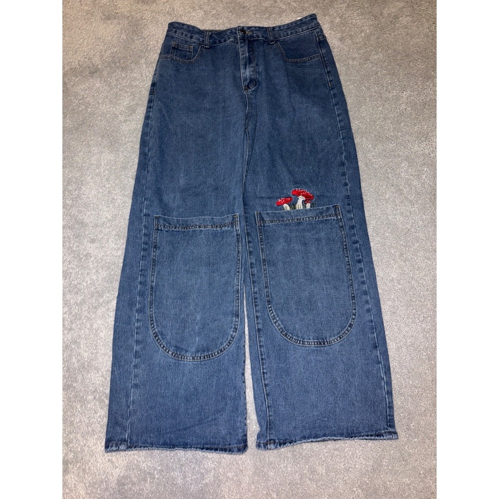 Romwe Baggy Fairy Core Mushroom Embroidered Denim Wide 90 Y2k Punk Streetwear XL